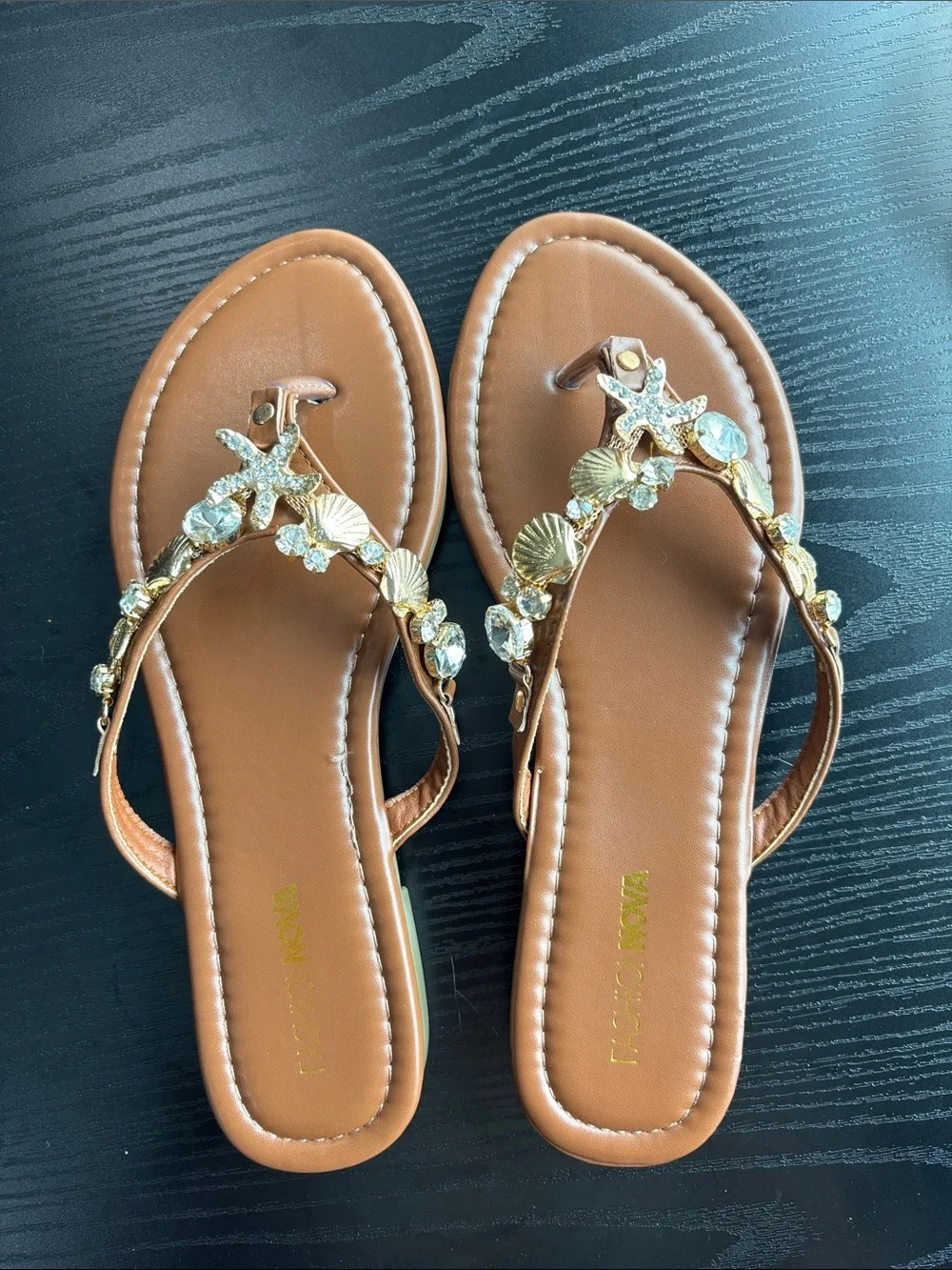 Women’s Brown Conch Shell Hardware Flip Flops